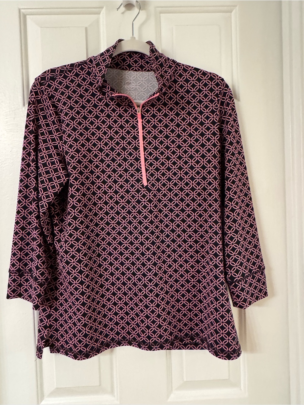 Talbots Dark Blue Athletic 1/4 Zip with Pink Geometric Print and Pink Trim